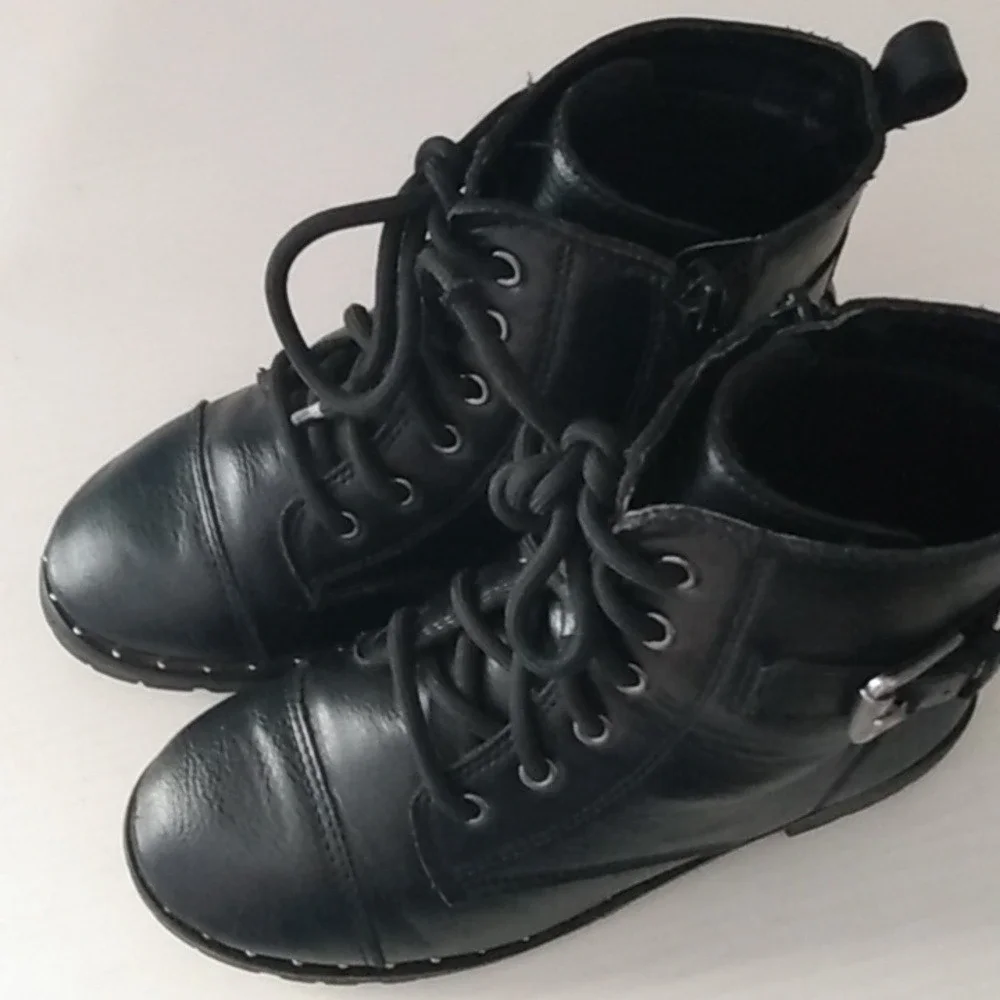 Kids‎ Black Combat Boots Side Zip Buckle Studded Sole Lace Up Size 12